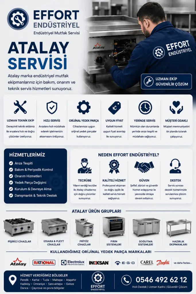Effort Endüstriyel teknisyeninin Atalay marka endüstriyel mutfak ekipmanına teknik servis ve bakım işlemi uyguladığı profesyonel servis görseli.