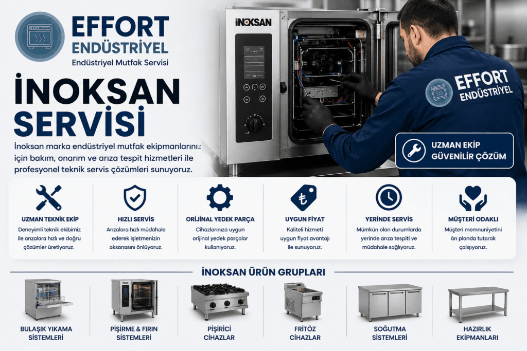 Effort Endüstriyel teknisyeninin İnoksan marka endüstriyel mutfak ekipmanına teknik servis ve bakım işlemi uyguladığı profesyonel servis görseli.
